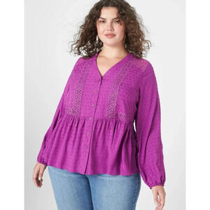 {Lane Bryant} Classic Long-Sleeve Split-Neck Button-Down Peplum Blouse - Size 16